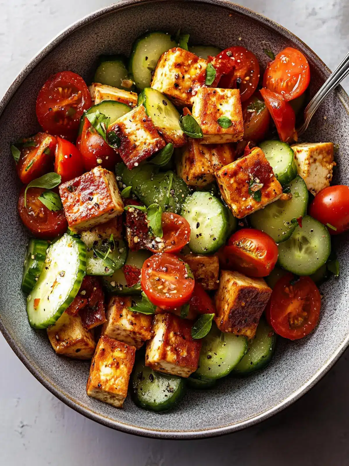 Crispy Chile Crisp Tofu with Tomatoes and Cucumbers Bliss 2 Chile Crisp Tofu with Tomatoes and Cucumbers