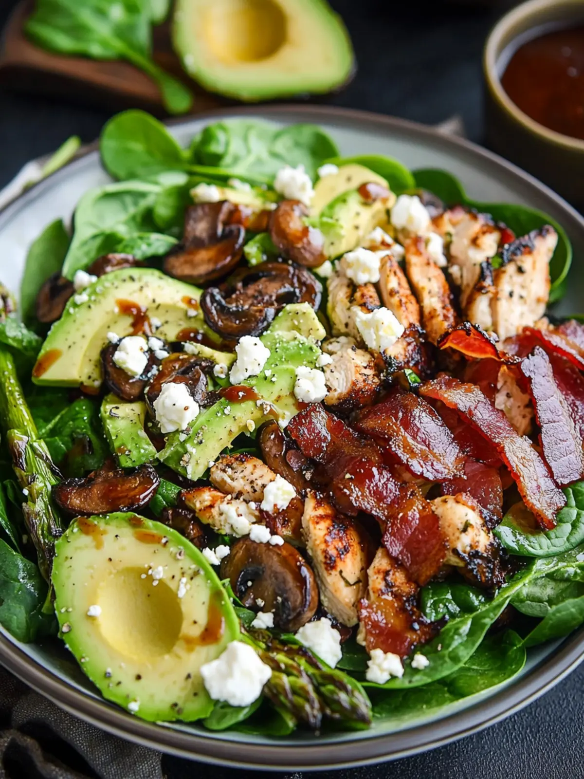 Roast Asparagus and Mushroom Chicken Salad with Avocado Magic 3 Roast Asparagus and Mushroom Chicken Spinach Salad with Bacon, Avocado and Goat Cheese
