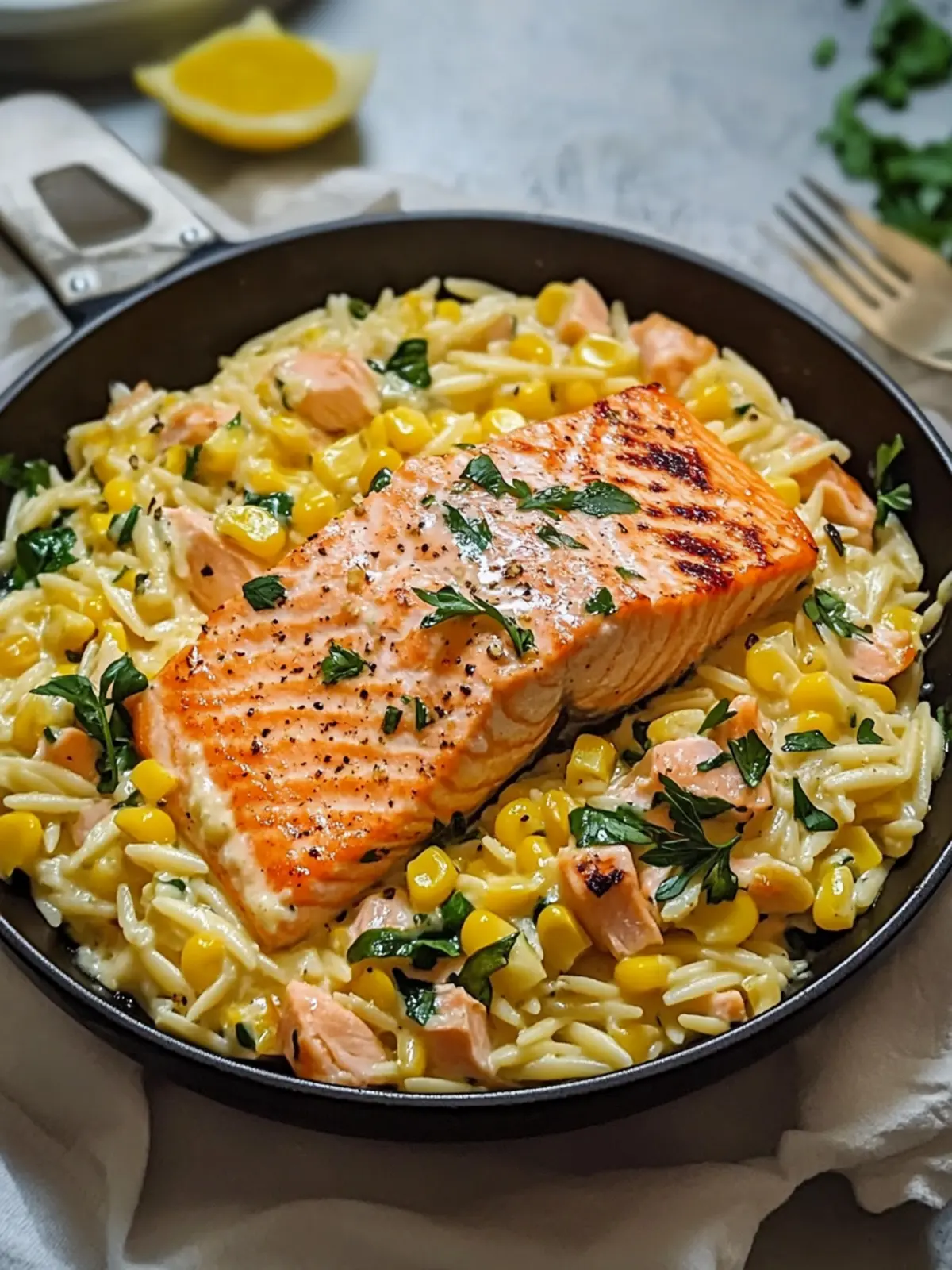 Creamed Corn Orzo with Salmon for a Cozy, Delicious Dinner 3 Creamed Corn Orzo with Salmon for a Delicious Meal