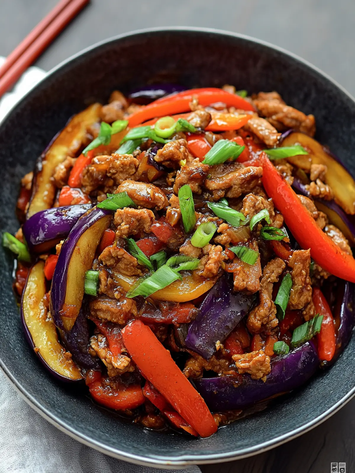 Savory Eggplant Stir-Fry with Pork and Bell Peppers Bliss 2 Savory Eggplant Stir-Fry with Pork and Bell Peppers in Oyster Glaze