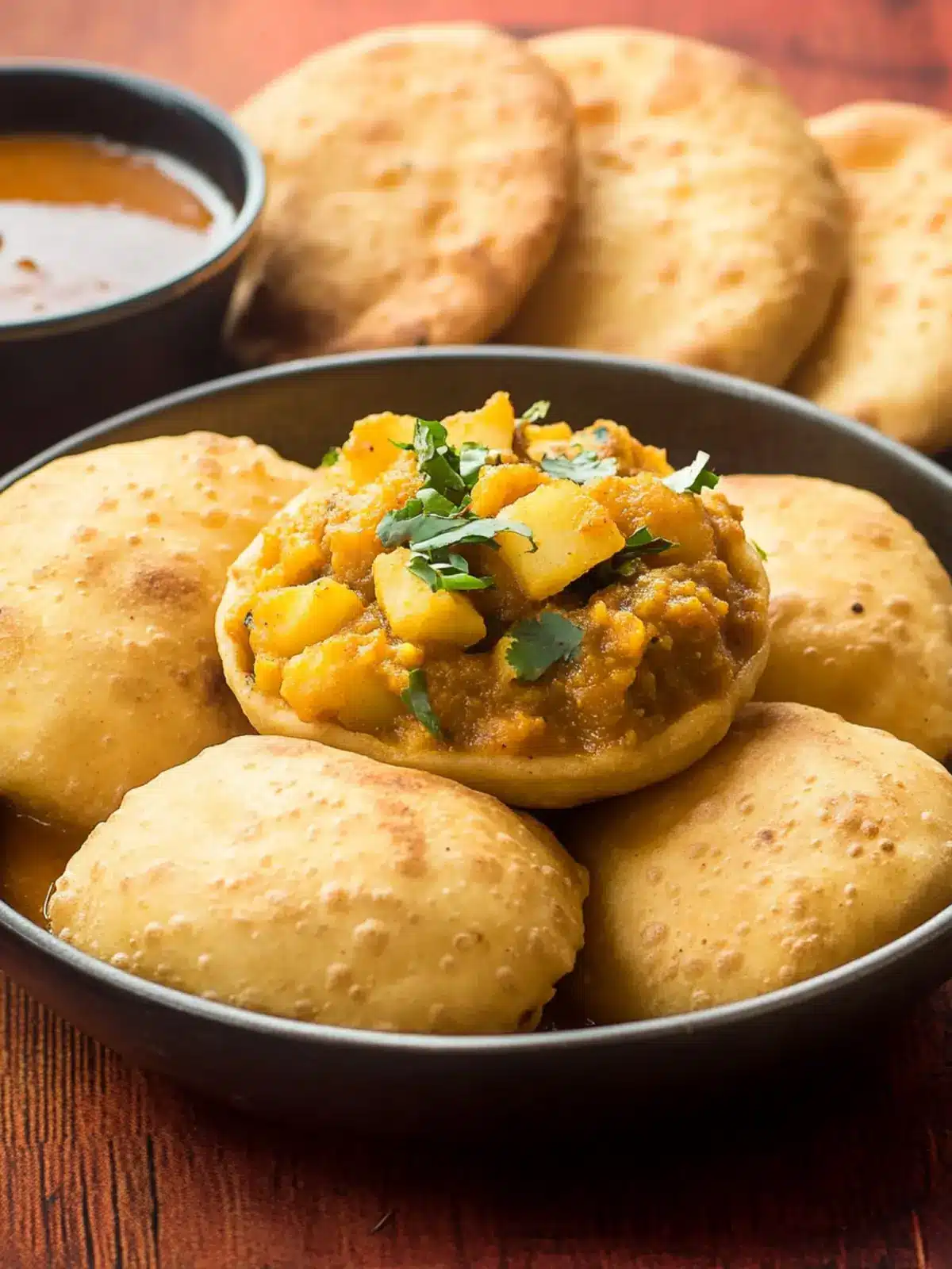 Heavenly Indian Poori Bhaji: Breakfast Bliss in Every Bite 3 Indian Poori Bhaji (Fried Bread with Spiced Potato Curry)