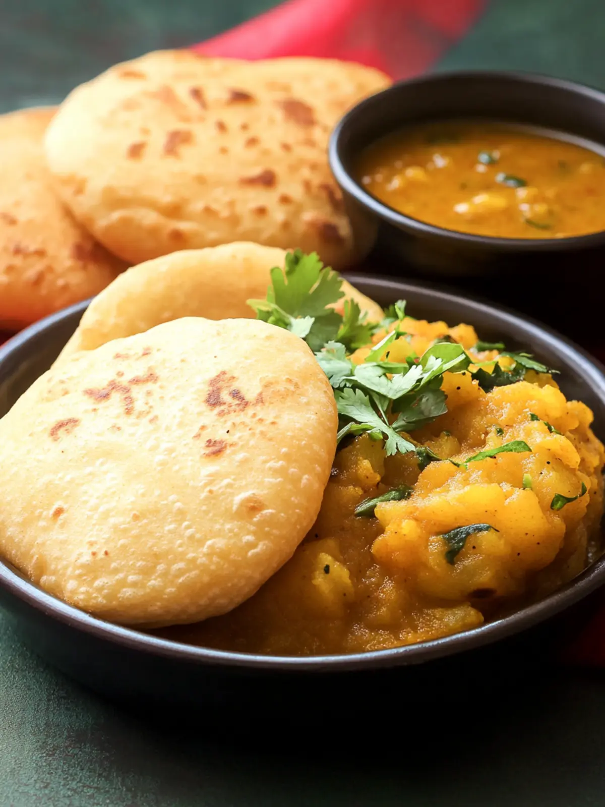 Heavenly Indian Poori Bhaji: Breakfast Bliss in Every Bite 2 Indian Poori Bhaji (Fried Bread with Spiced Potato Curry)