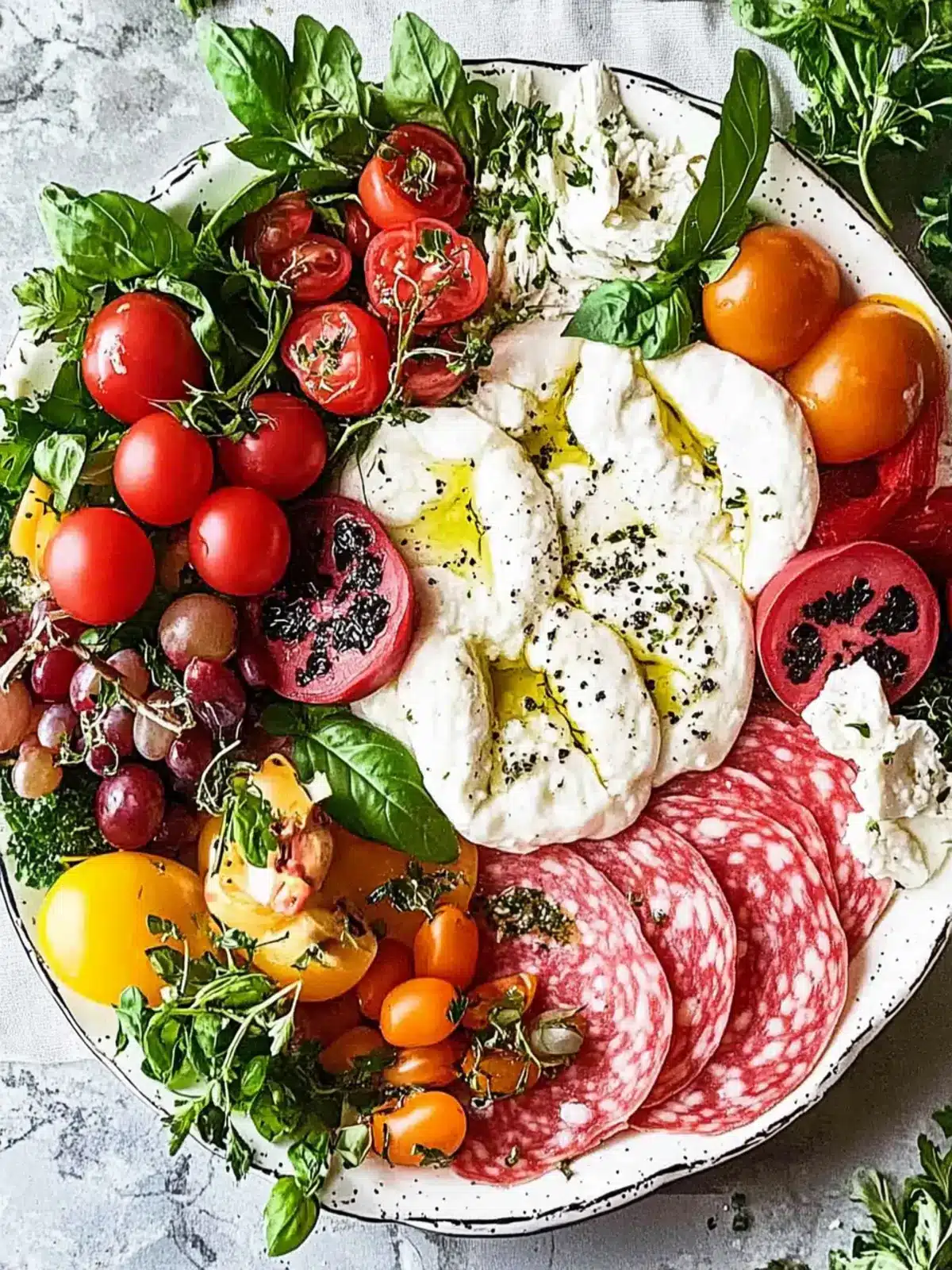 Irresistible Burrata Platter with Heirloom Tomatoes and Olives 3 Burrata Platter