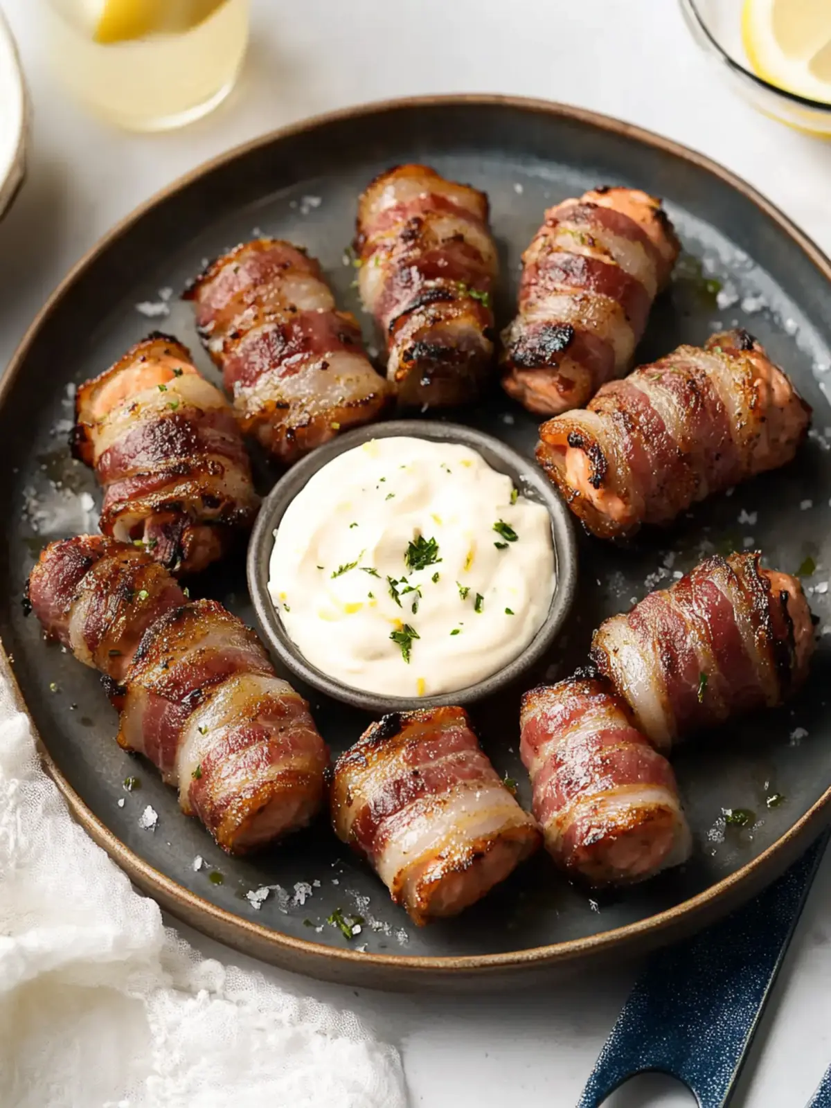 Delicious Grilled Bacon-Wrapped Salmon Bites with Zesty Mayo 3 Grilled Bacon-Wrapped Salmon Bites with Lemon Garlic Mayo