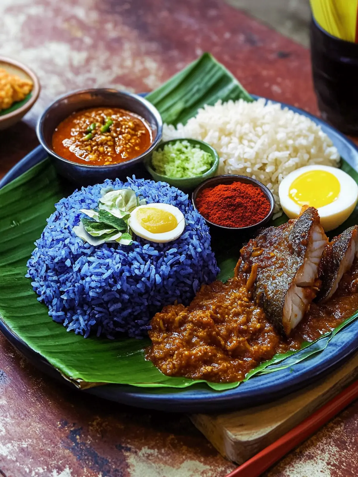 Discover Malaysian Nasi Kerabu: Irresistible Blue Rice Delight 2 Malaysian Nasi Kerabu (Blue Rice with Fish)