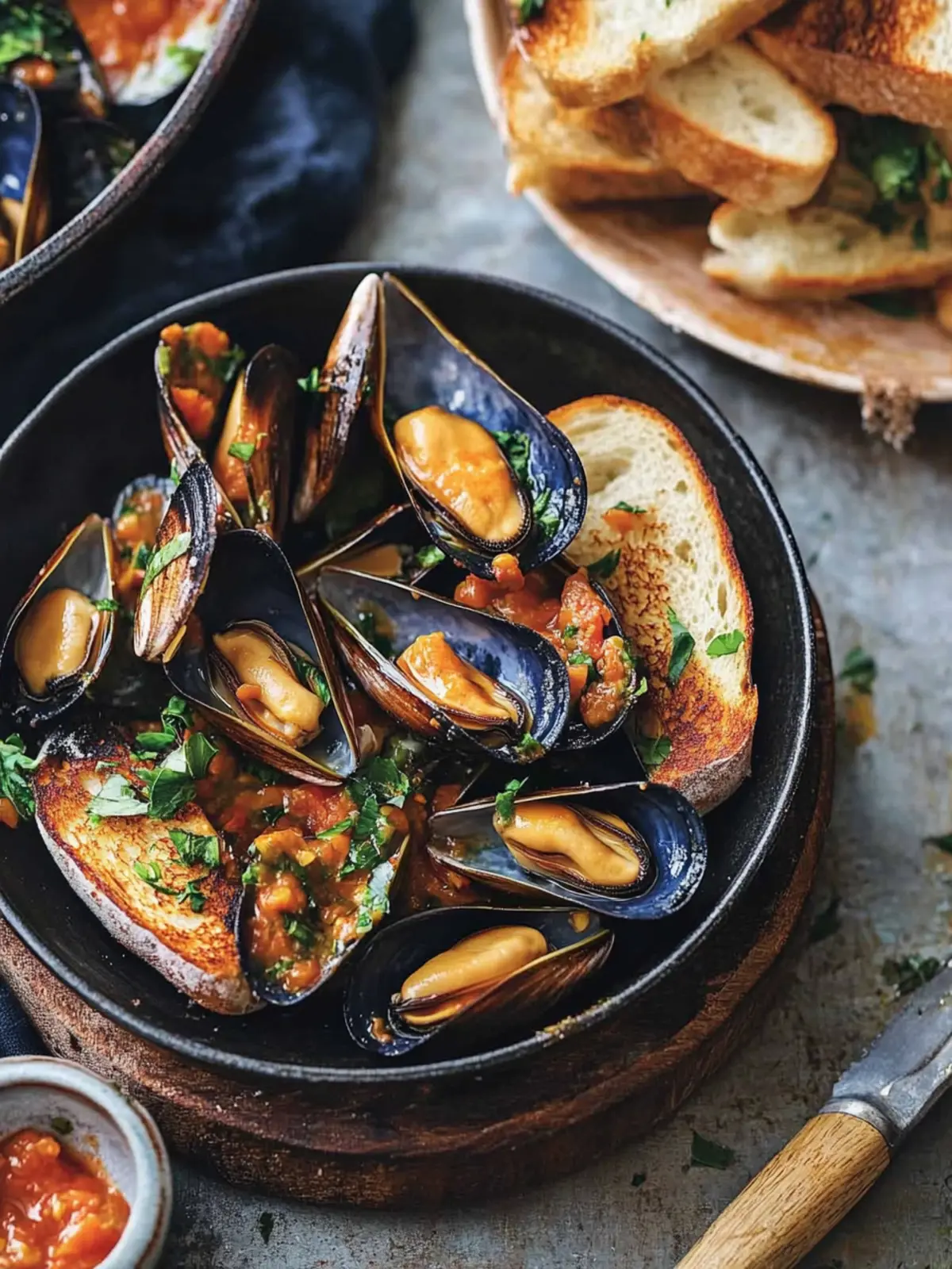 Mussels with Tomato and Chilli and Garlic-Rubbed Toasts Delight 2 Mussels with tomato and chilli and garlic-rubbed toasts