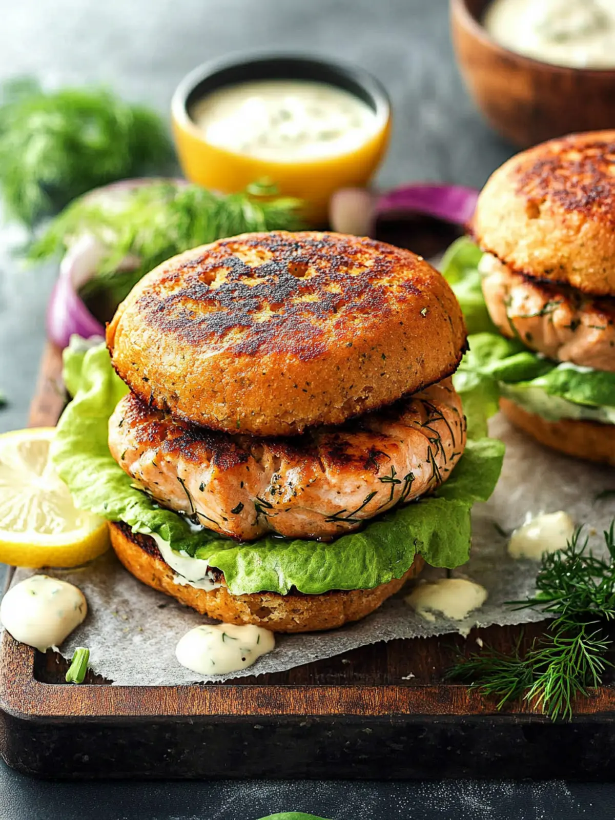 Savory Salmon Burgers with Zesty Lemon Dill Sauce Recipe 2 Salmon Burgers with Lemon Dill Sauce