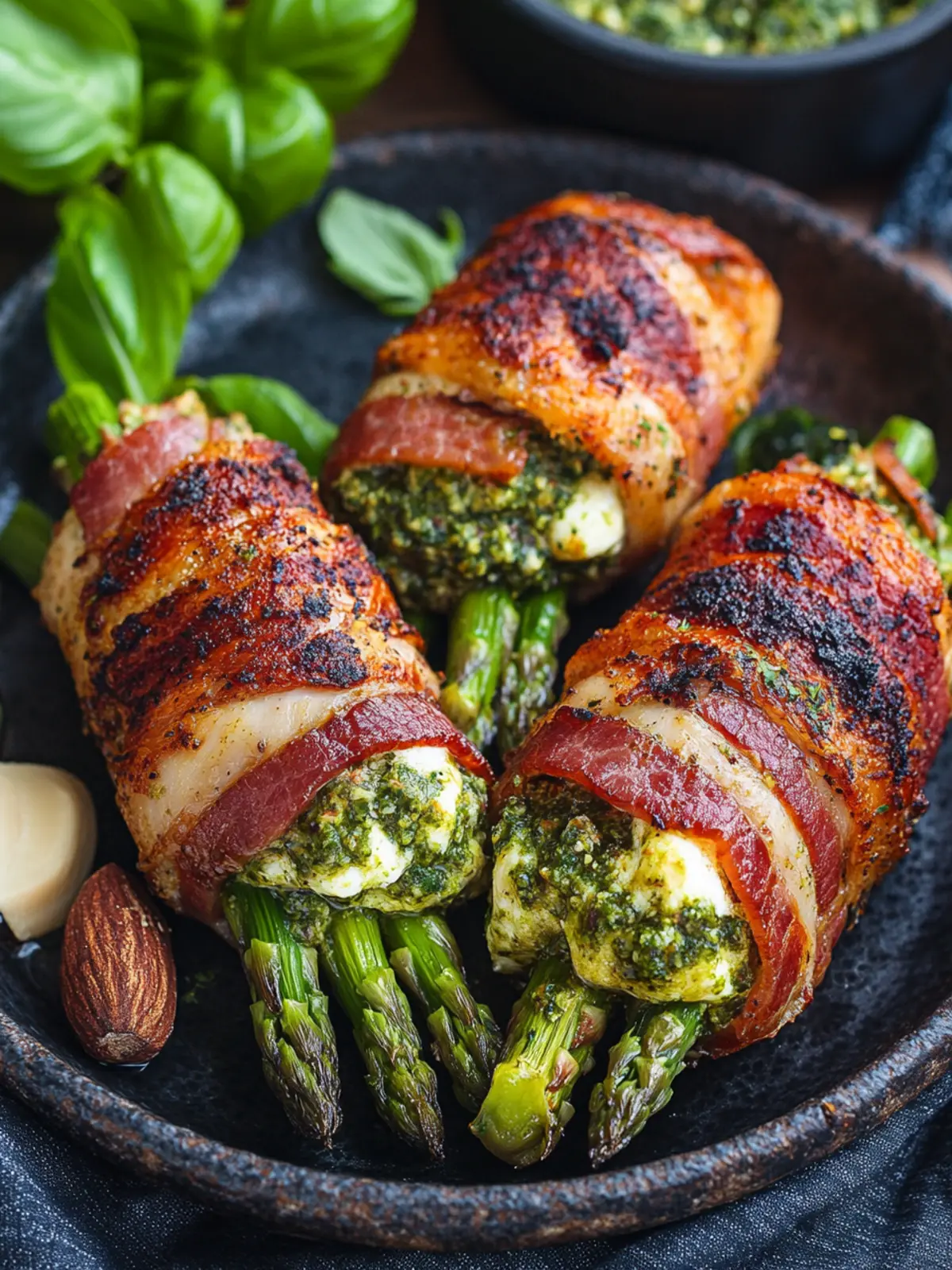 Bacon Wrapped Asparagus Mozzarella Stuffed Chicken Delight 3 Bacon Wrapped Asparagus, Asparagus and Pistachio Pesto and Mozzarella Stuffed Chicken
