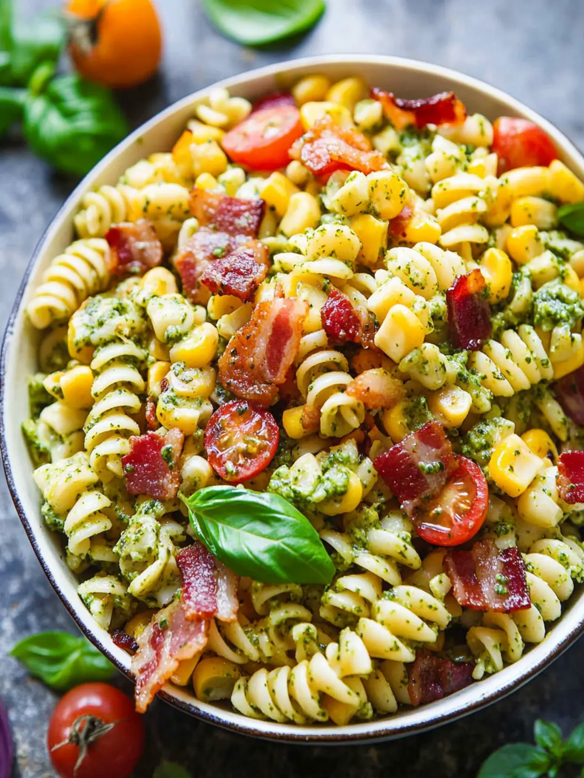 Corn Pasta Salad with Bacon and Creamy Pesto Dressing Bliss 2 Corn Pasta Salad with Bacon and Creamy Pesto Dressing