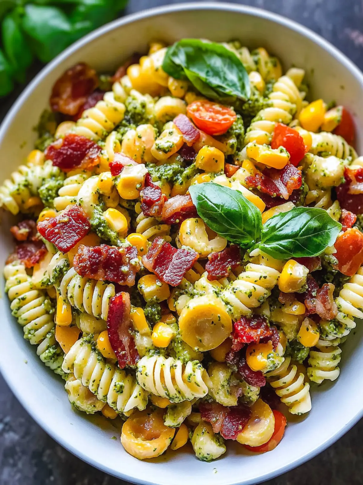 Corn Pasta Salad with Bacon and Creamy Pesto Dressing Bliss 3 Corn Pasta Salad with Bacon and Creamy Pesto Dressing