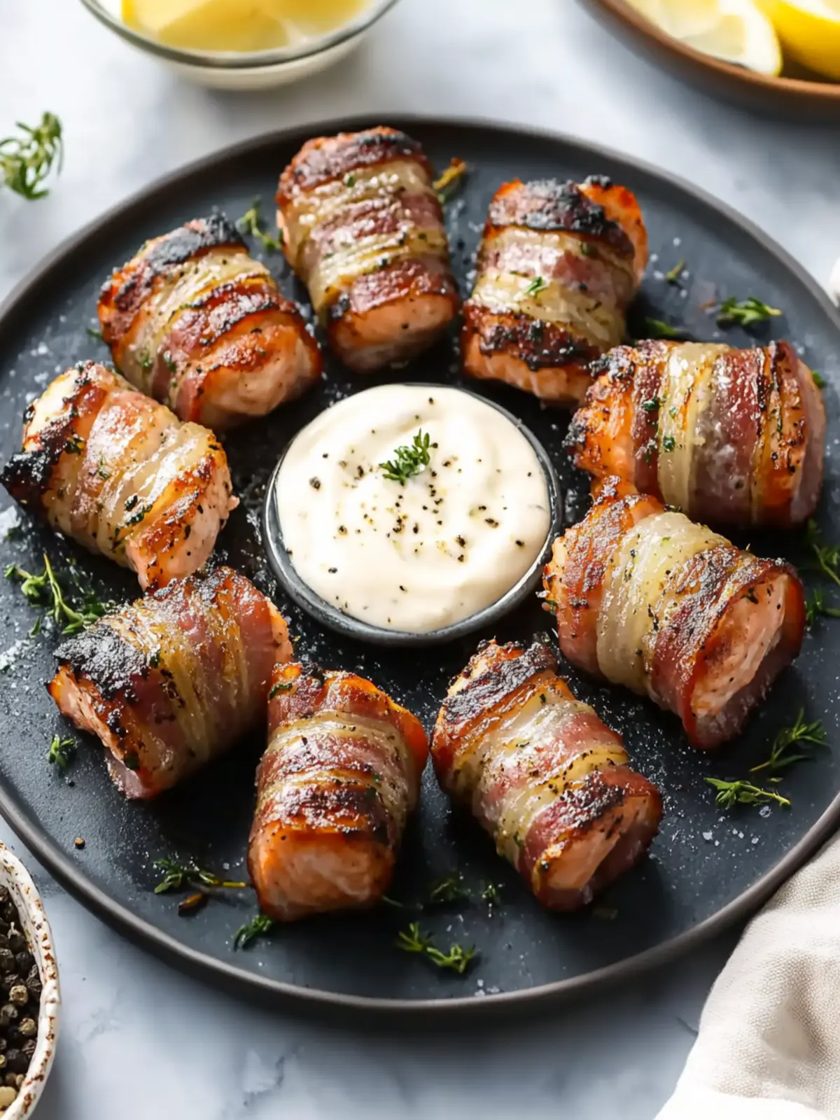 Delicious Grilled Bacon-Wrapped Salmon Bites with Zesty Mayo 4 Grilled Bacon-Wrapped Salmon Bites with Lemon Garlic Mayo