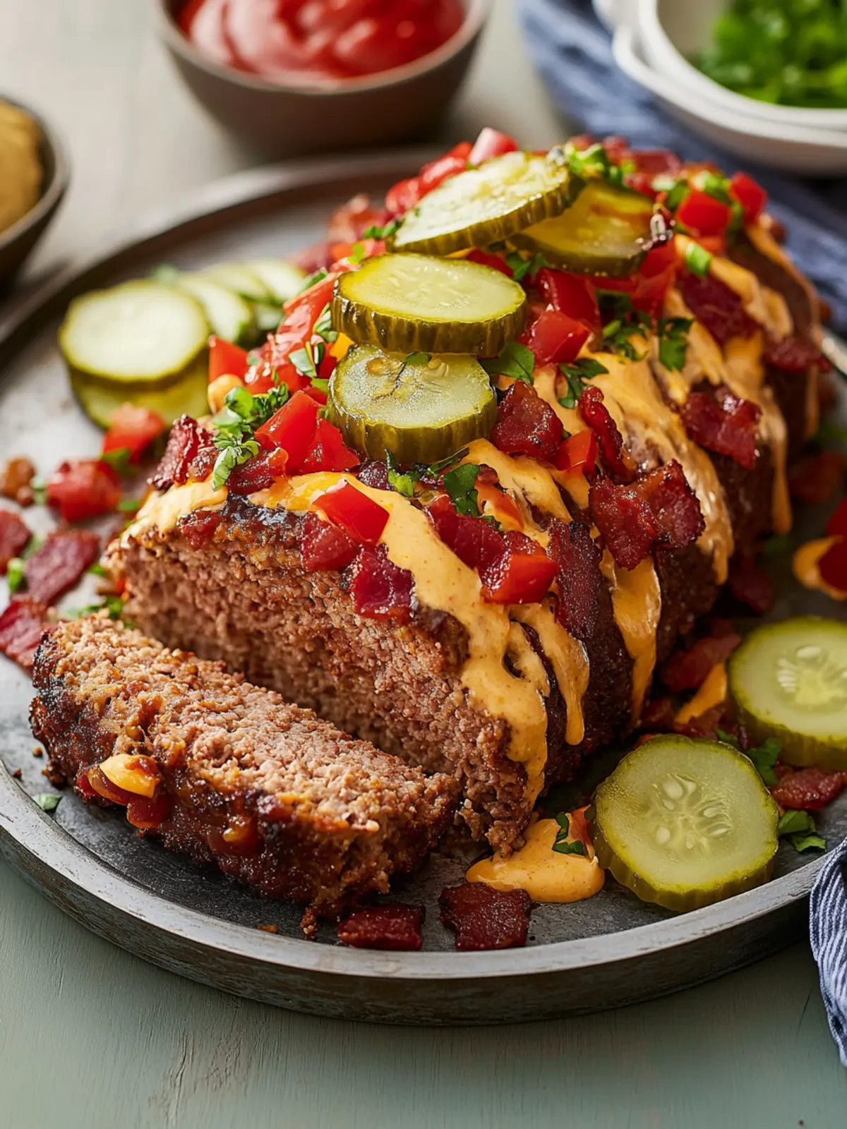 Juicy Bacon Cheeseburger Meatloaf with Cheddar & Pickle Drizzle Delight 2 Juicy Bacon Cheeseburger Meatloaf with Cheddar & Pickle Drizzle