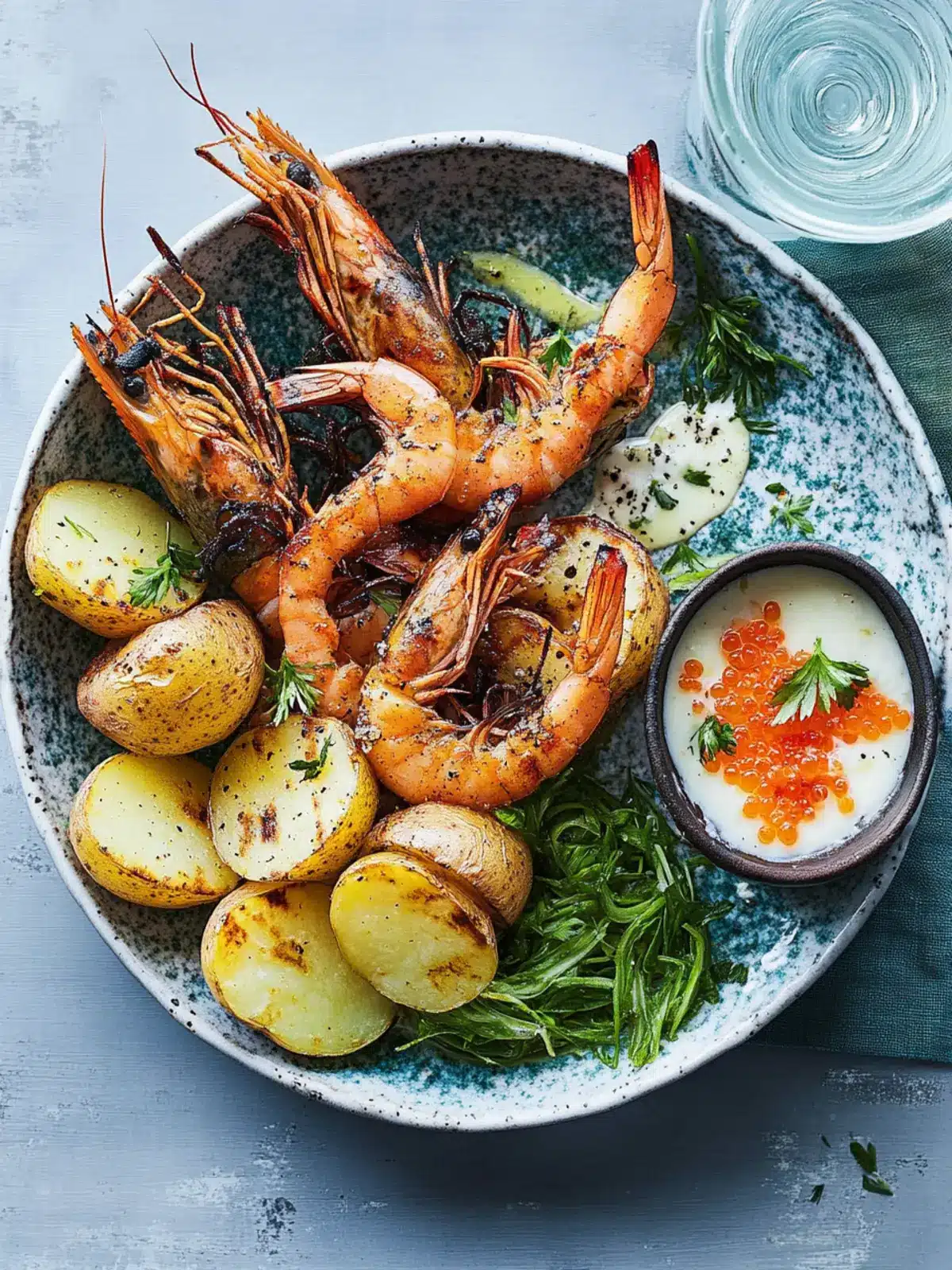 Chargrilled Prawns, Spuds, Caviar & Pickled Eschalots Delight 4 Chargrilled prawns, spuds, caviar and pickled eschalots