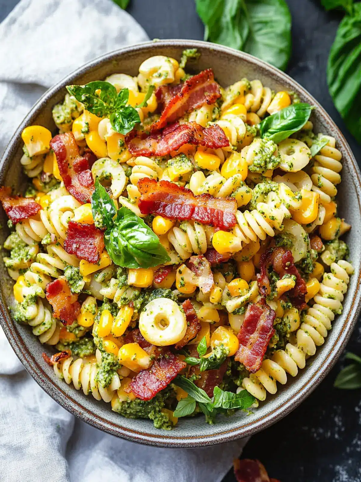 Corn Pasta Salad with Bacon and Creamy Pesto Dressing Bliss 4 Corn Pasta Salad with Bacon and Creamy Pesto Dressing