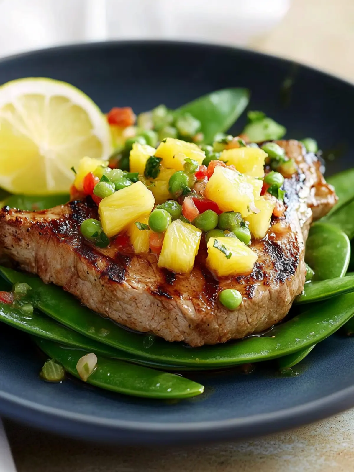 Pork Steak with Pineapple Salsa & Snow Pea Salad Bliss 4 Pork steak with pineapple salsa & snow pea salad