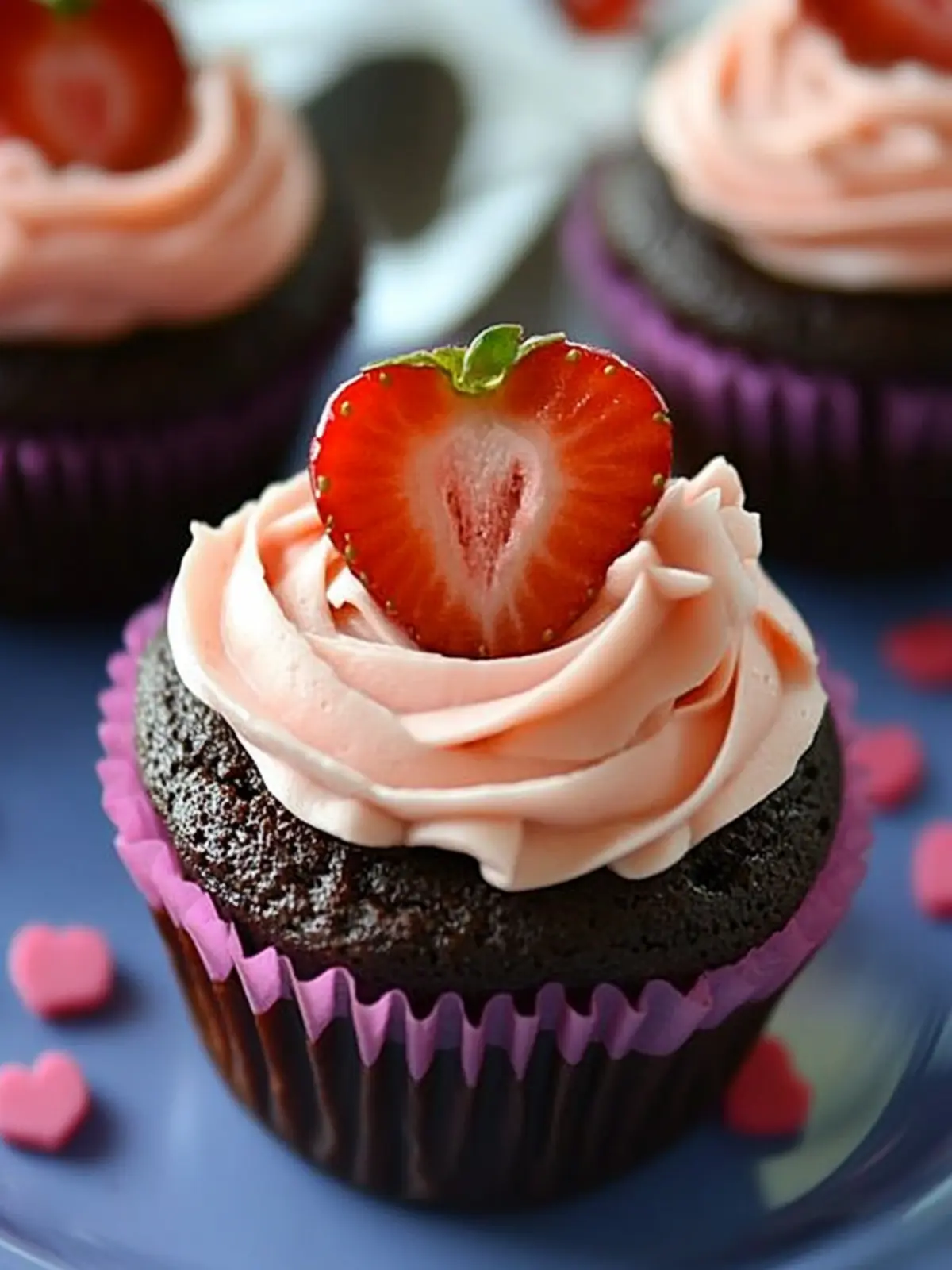 Decadent Chocolate Cupcakes with Strawberry Cream Frosting 2 Chocolate Cupcakes with Strawberry Cream Frosting