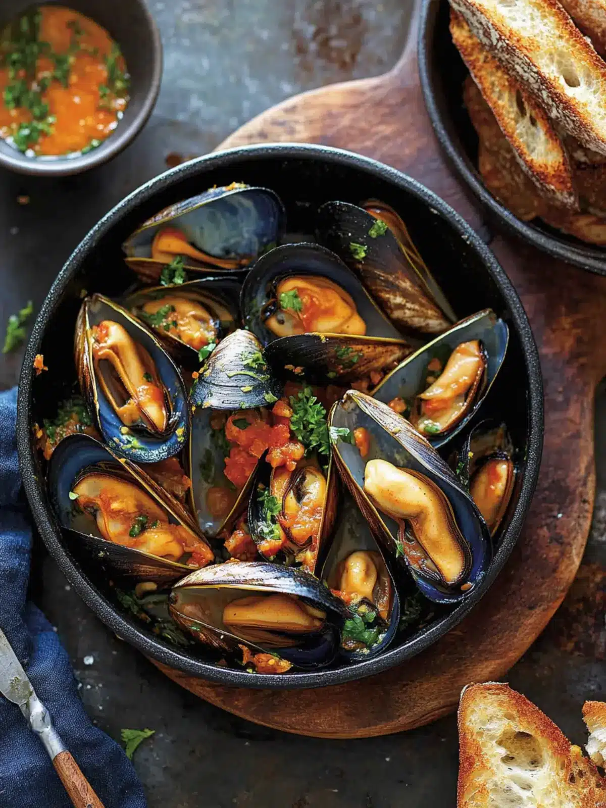 Mussels with Tomato and Chilli and Garlic-Rubbed Toasts Delight 3 Mussels with tomato and chilli and garlic-rubbed toasts