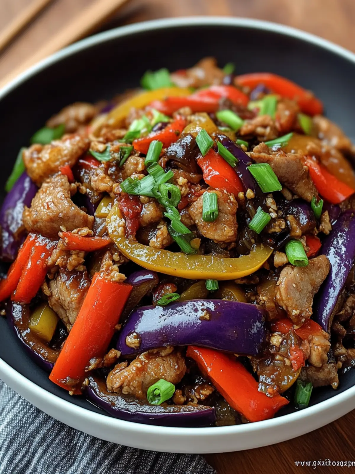 Savory Eggplant Stir-Fry with Pork and Bell Peppers Bliss 3 Savory Eggplant Stir-Fry with Pork and Bell Peppers in Oyster Glaze