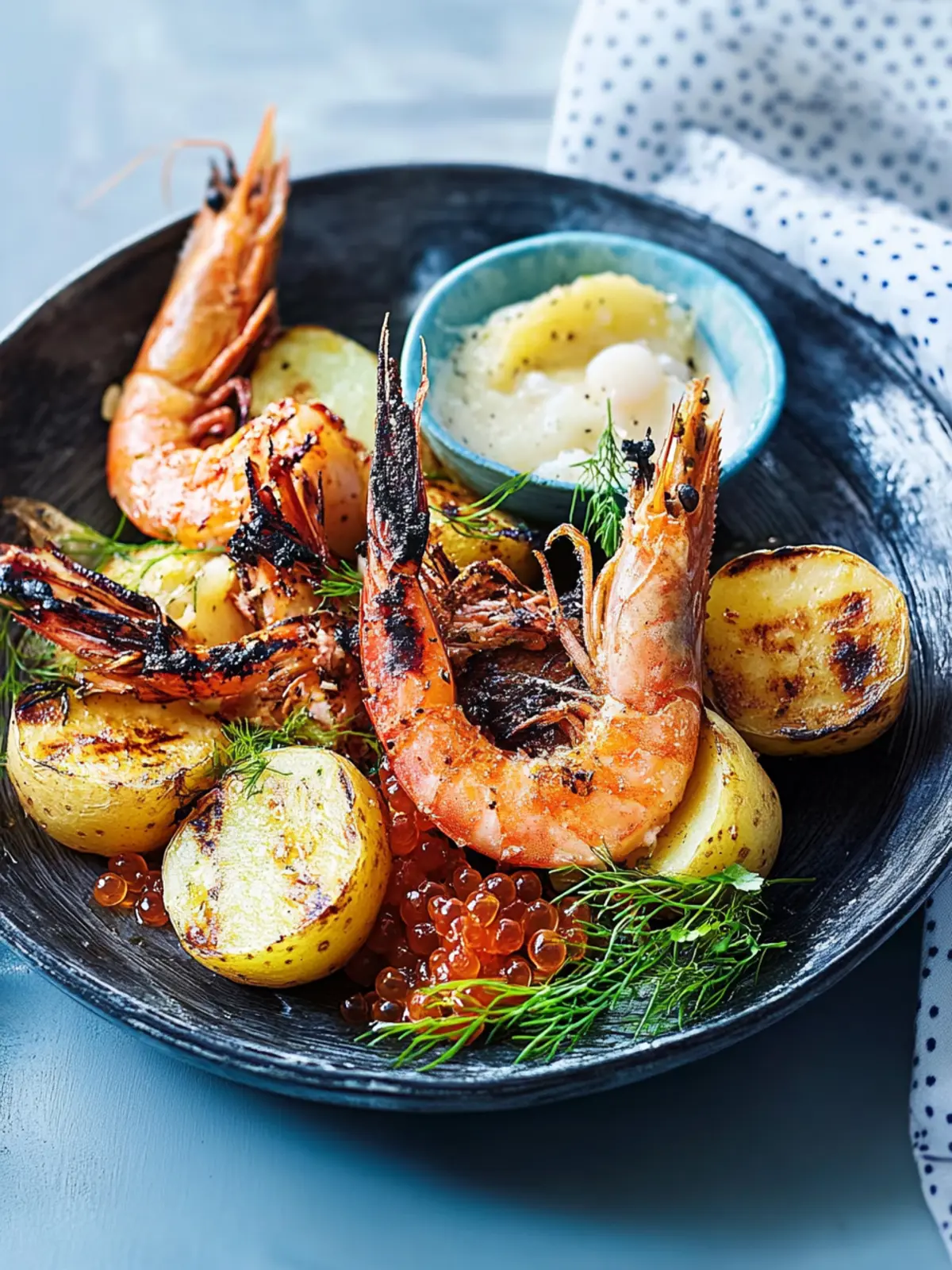 Chargrilled Prawns, Spuds, Caviar & Pickled Eschalots Delight 3 Chargrilled prawns, spuds, caviar and pickled eschalots