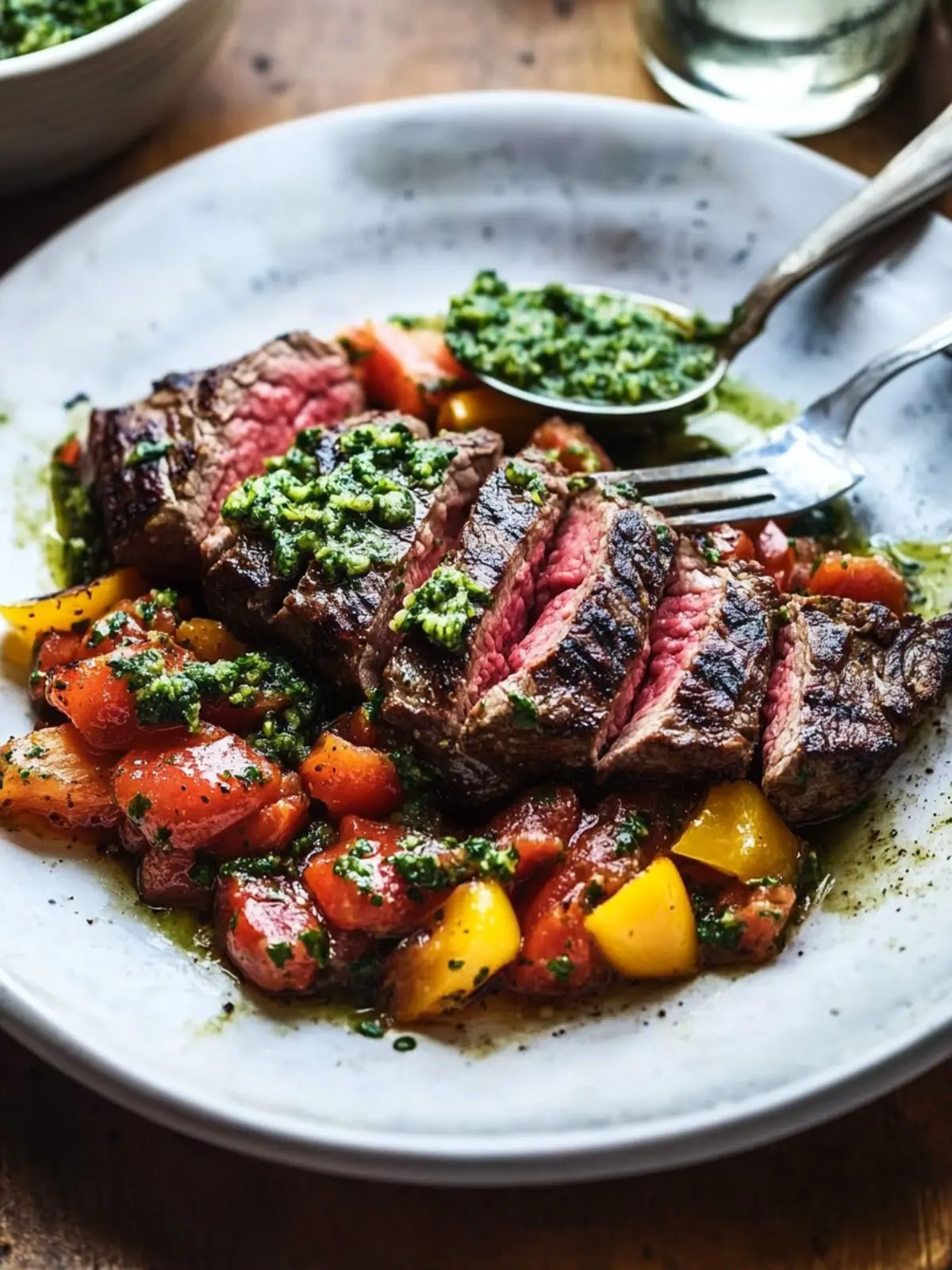 Grilled Flat Iron Steak with Peperonata: A Fresh Twist! 2 Grilled flat iron steak with peperonata and salsa verde