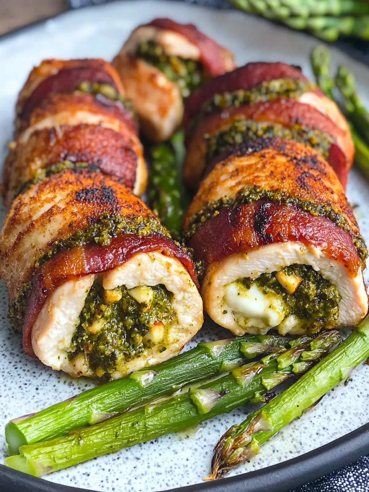 Bacon Wrapped Asparagus Mozzarella Stuffed Chicken Delight 4 Bacon Wrapped Asparagus, Asparagus and Pistachio Pesto and Mozzarella Stuffed Chicken