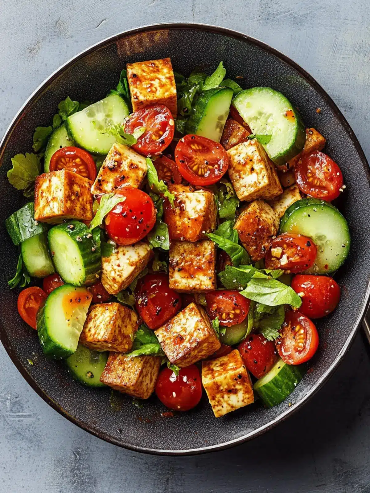 Crispy Chile Crisp Tofu with Tomatoes and Cucumbers Bliss 3 Chile Crisp Tofu with Tomatoes and Cucumbers