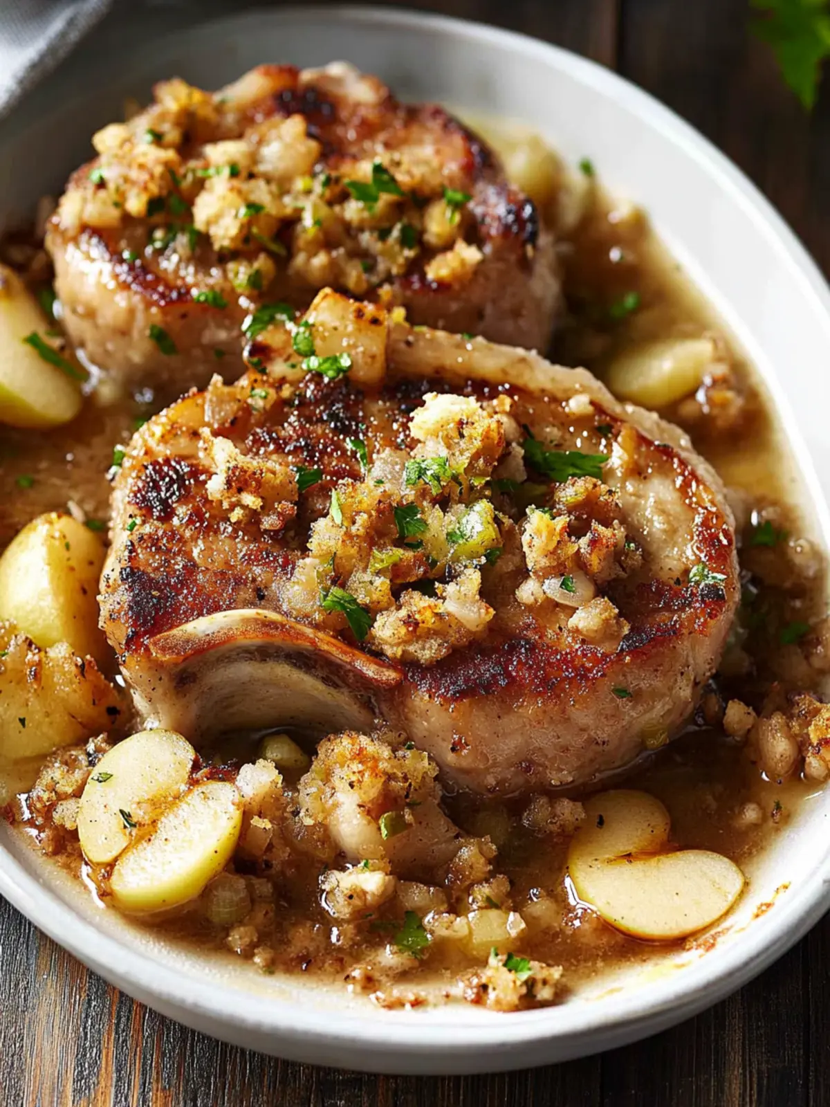Savory Pork Chops with Apples and Stuffing Made Easy 2 Pork Chops with Apples and Stuffing