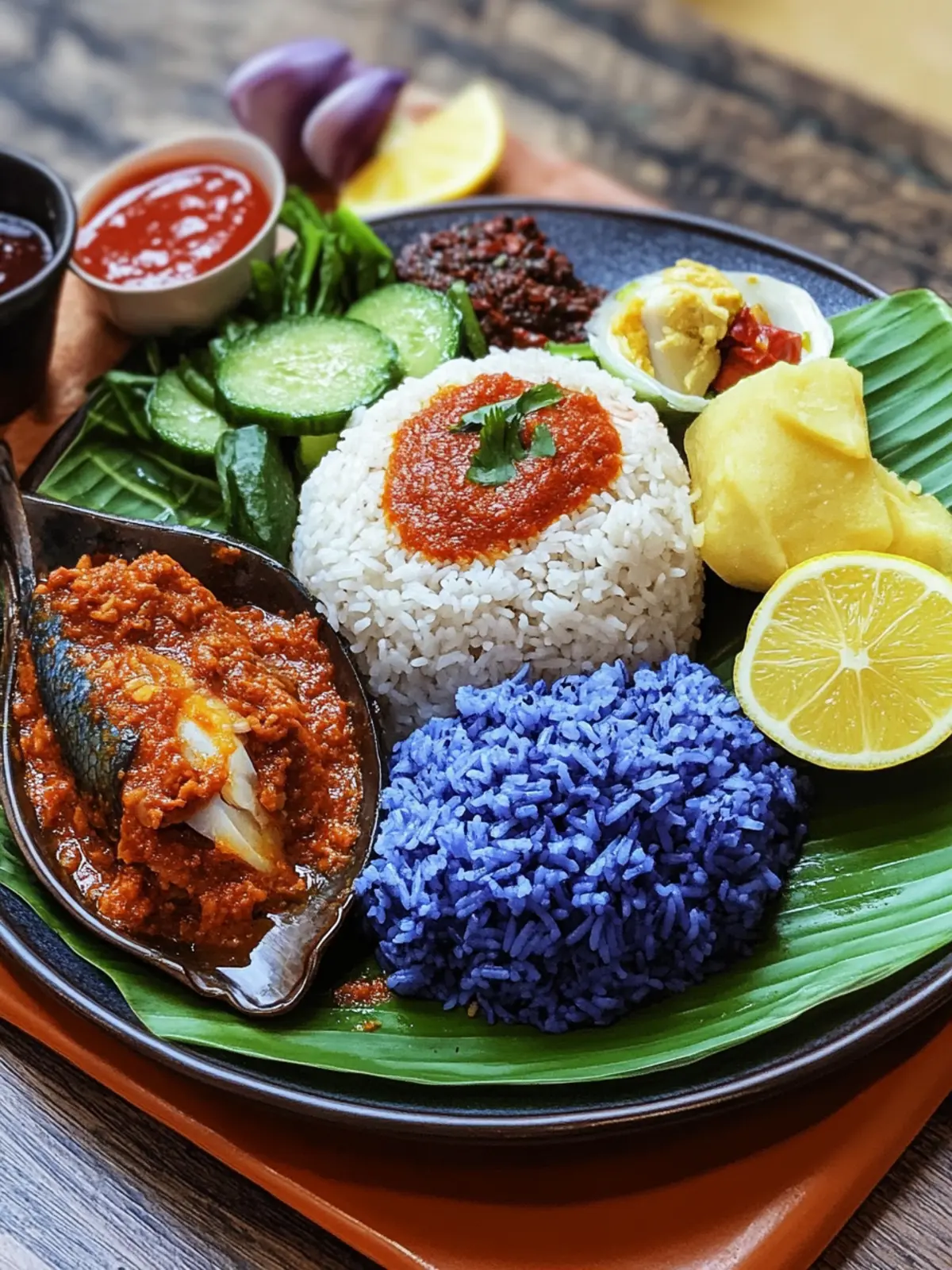 Discover Malaysian Nasi Kerabu: Irresistible Blue Rice Delight 3 Malaysian Nasi Kerabu (Blue Rice with Fish)