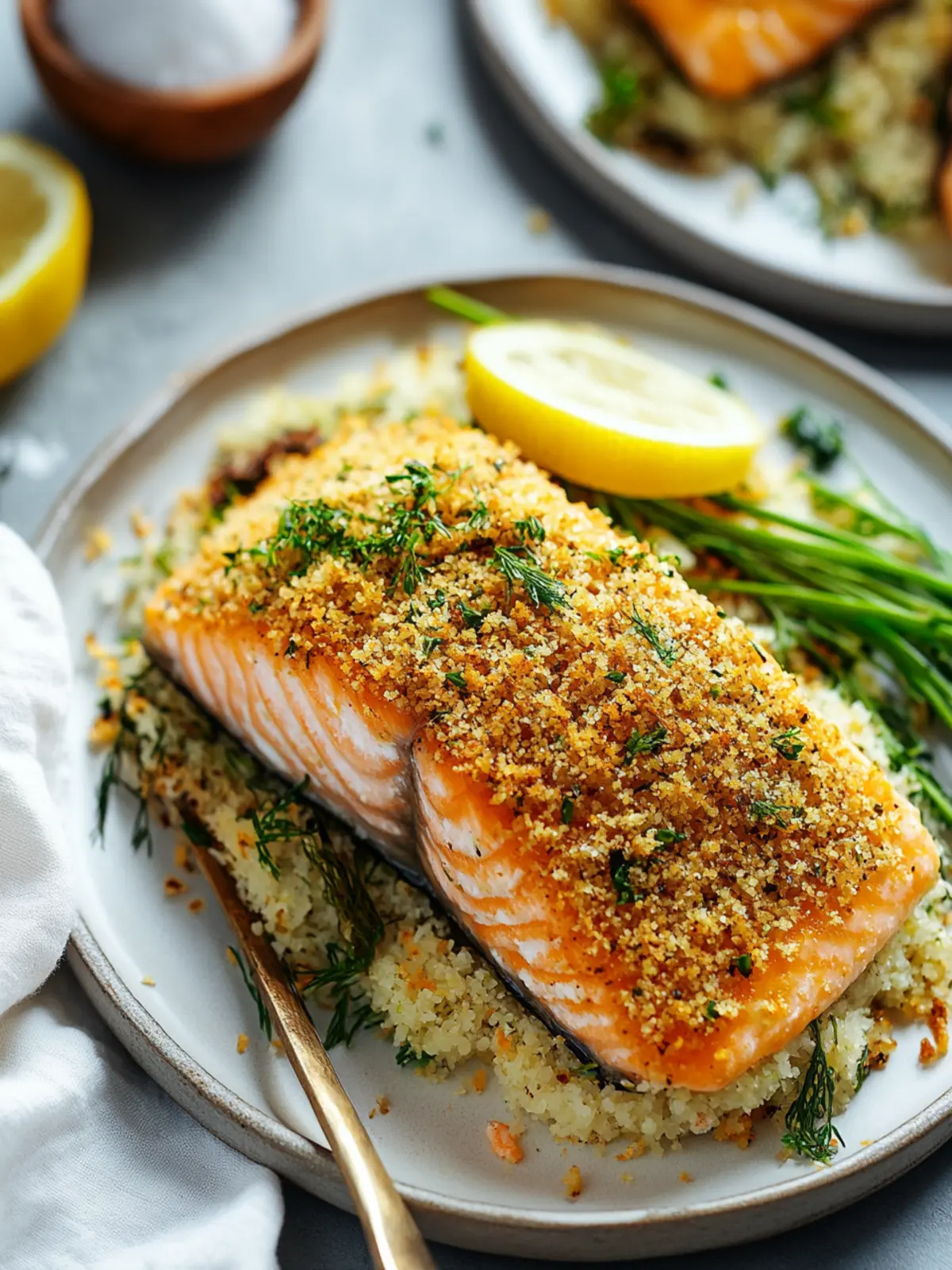 Herb-Crusted Norwegian Salmon with Zesty Lemon-Garlic Crunch 4 Herb-Crusted Norwegian Salmon with Lemon-Garlic Panko Crunch