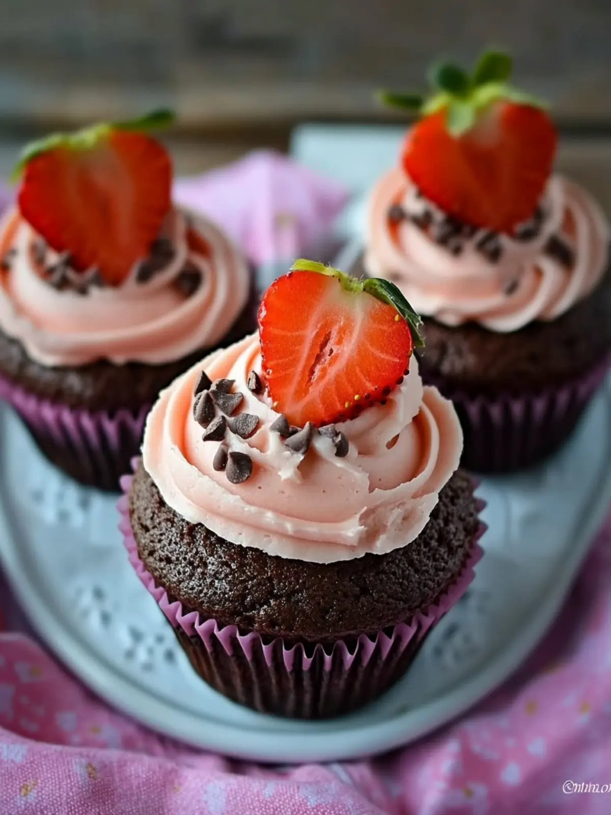 Decadent Chocolate Cupcakes with Strawberry Cream Frosting 3 Chocolate Cupcakes with Strawberry Cream Frosting