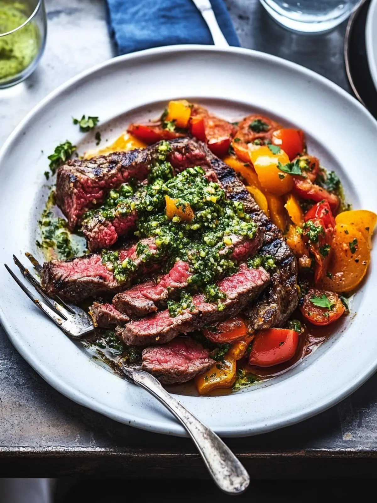 Grilled Flat Iron Steak with Peperonata: A Fresh Twist! 3 Grilled flat iron steak with peperonata and salsa verde