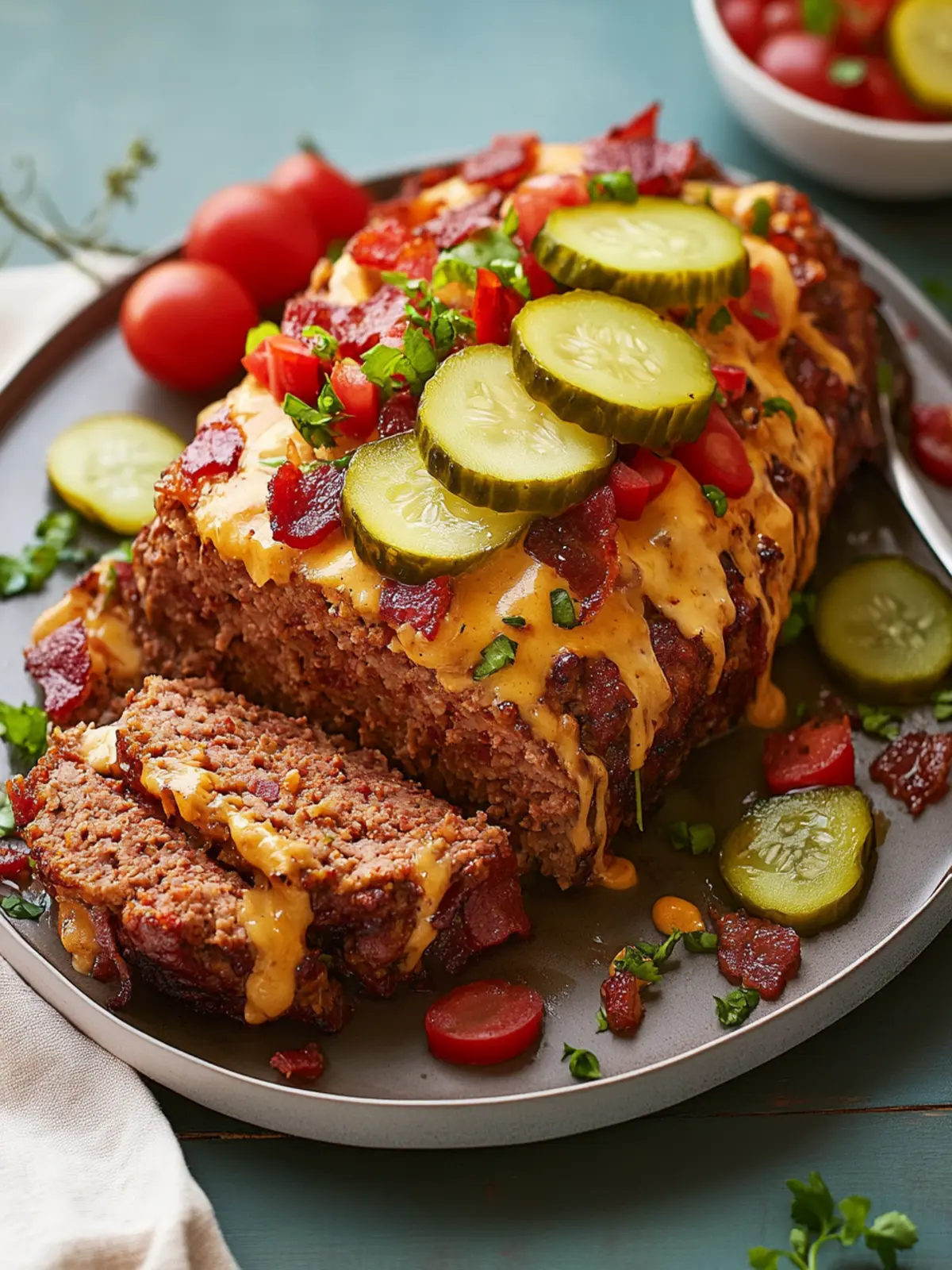 Juicy Bacon Cheeseburger Meatloaf with Cheddar & Pickle Drizzle Delight 4 Juicy Bacon Cheeseburger Meatloaf with Cheddar & Pickle Drizzle