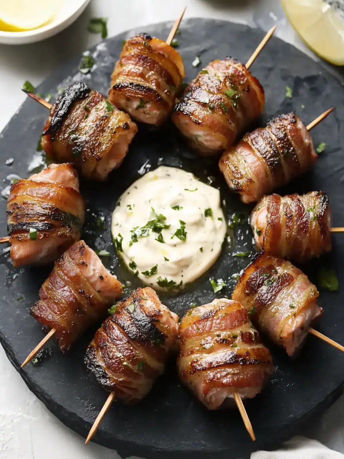 Delicious Grilled Bacon-Wrapped Salmon Bites with Zesty Mayo 2 Grilled Bacon-Wrapped Salmon Bites with Lemon Garlic Mayo