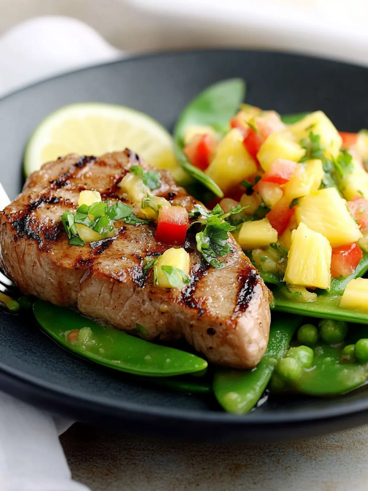 Pork Steak with Pineapple Salsa & Snow Pea Salad Bliss 2 Pork steak with pineapple salsa & snow pea salad