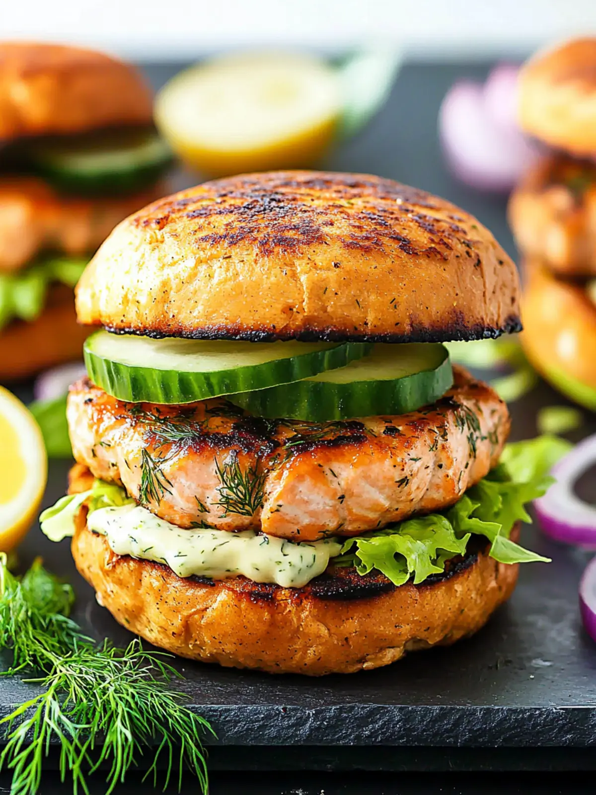 Savory Salmon Burgers with Zesty Lemon Dill Sauce Recipe 3 Salmon Burgers with Lemon Dill Sauce
