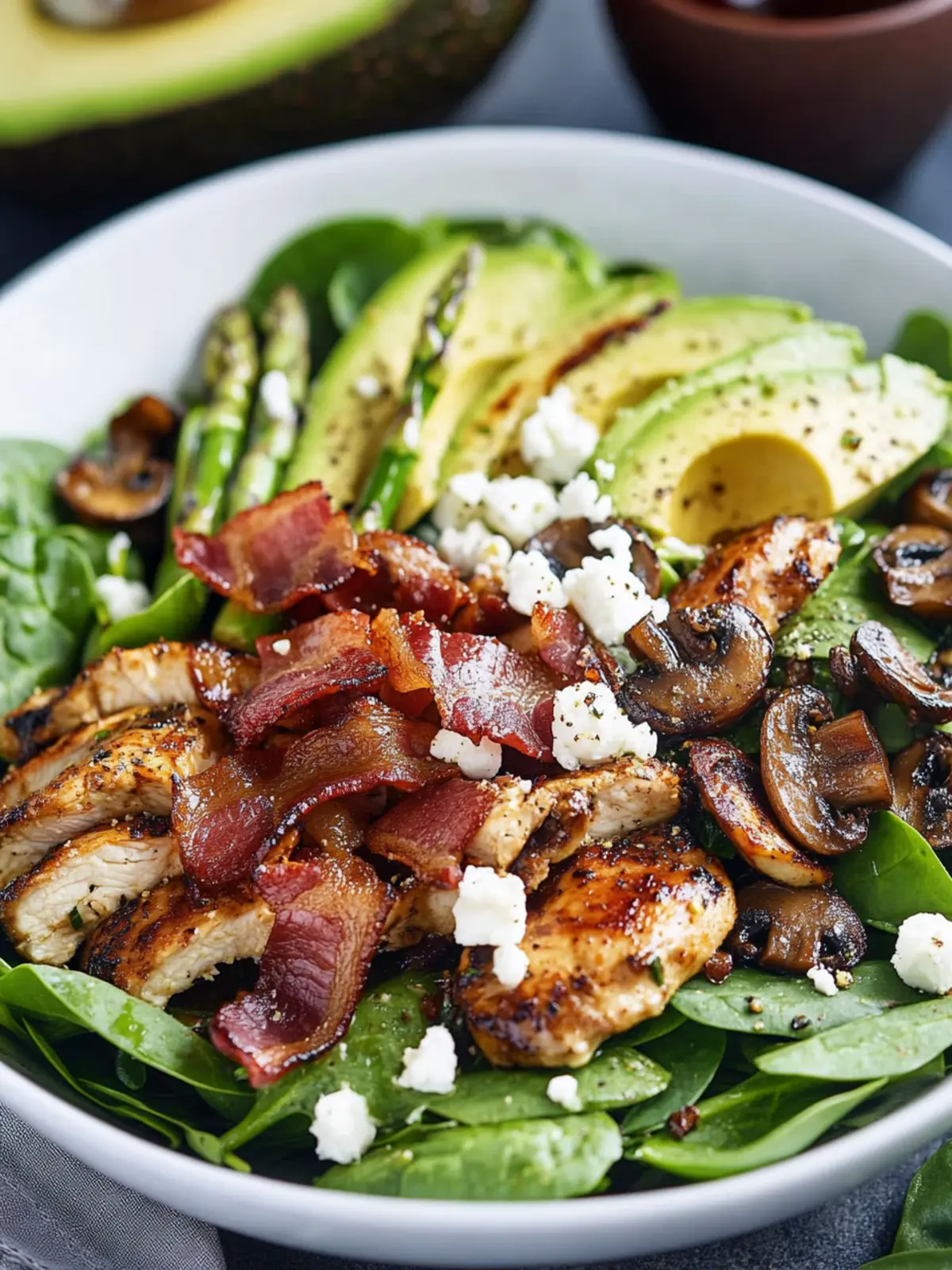 Roast Asparagus and Mushroom Chicken Salad with Avocado Magic 2 Roast Asparagus and Mushroom Chicken Spinach Salad with Bacon, Avocado and Goat Cheese