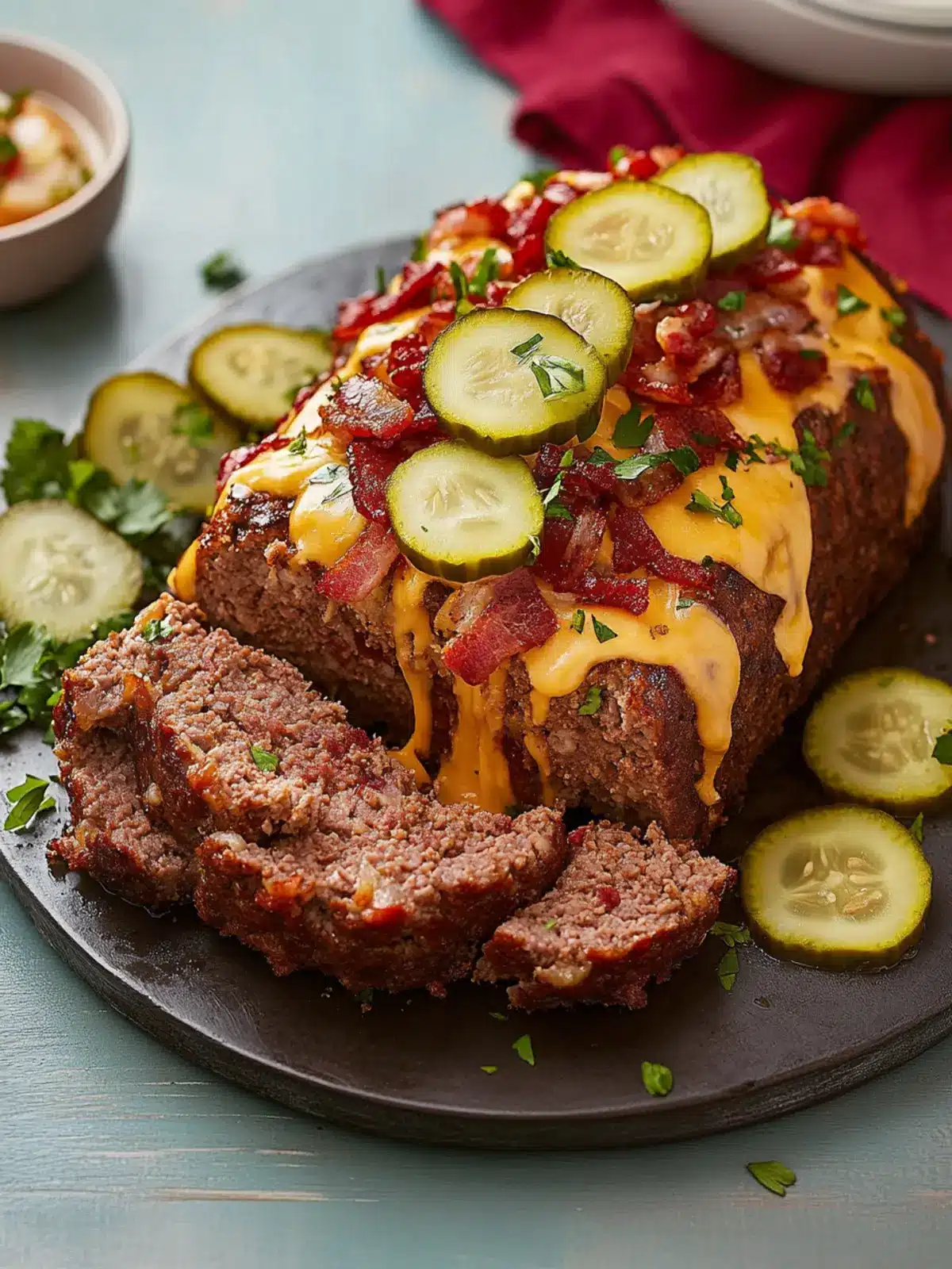 Juicy Bacon Cheeseburger Meatloaf with Cheddar & Pickle Drizzle Delight 3 Juicy Bacon Cheeseburger Meatloaf with Cheddar & Pickle Drizzle
