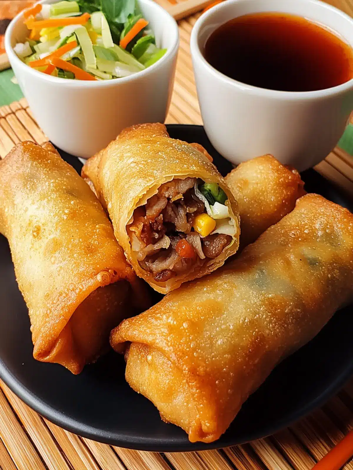 Perfectly Crispy Golden Fried Chinese Egg Rolls with Pork & Veggies 4 Golden Fried Chinese Egg Rolls with Pork and Vegetables