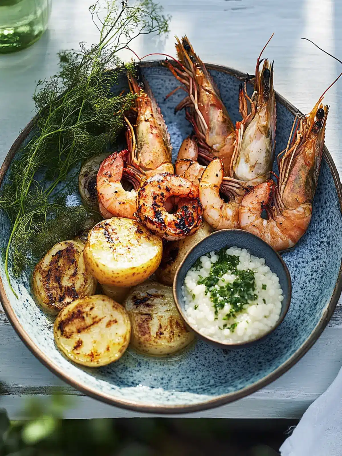 Chargrilled Prawns, Spuds, Caviar & Pickled Eschalots Delight 2 Chargrilled prawns, spuds, caviar and pickled eschalots