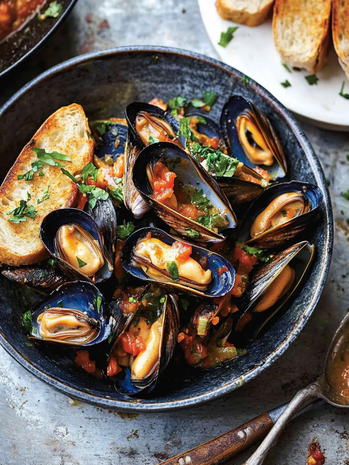 Mussels with Tomato and Chilli and Garlic-Rubbed Toasts Delight 4 Mussels with tomato and chilli and garlic-rubbed toasts