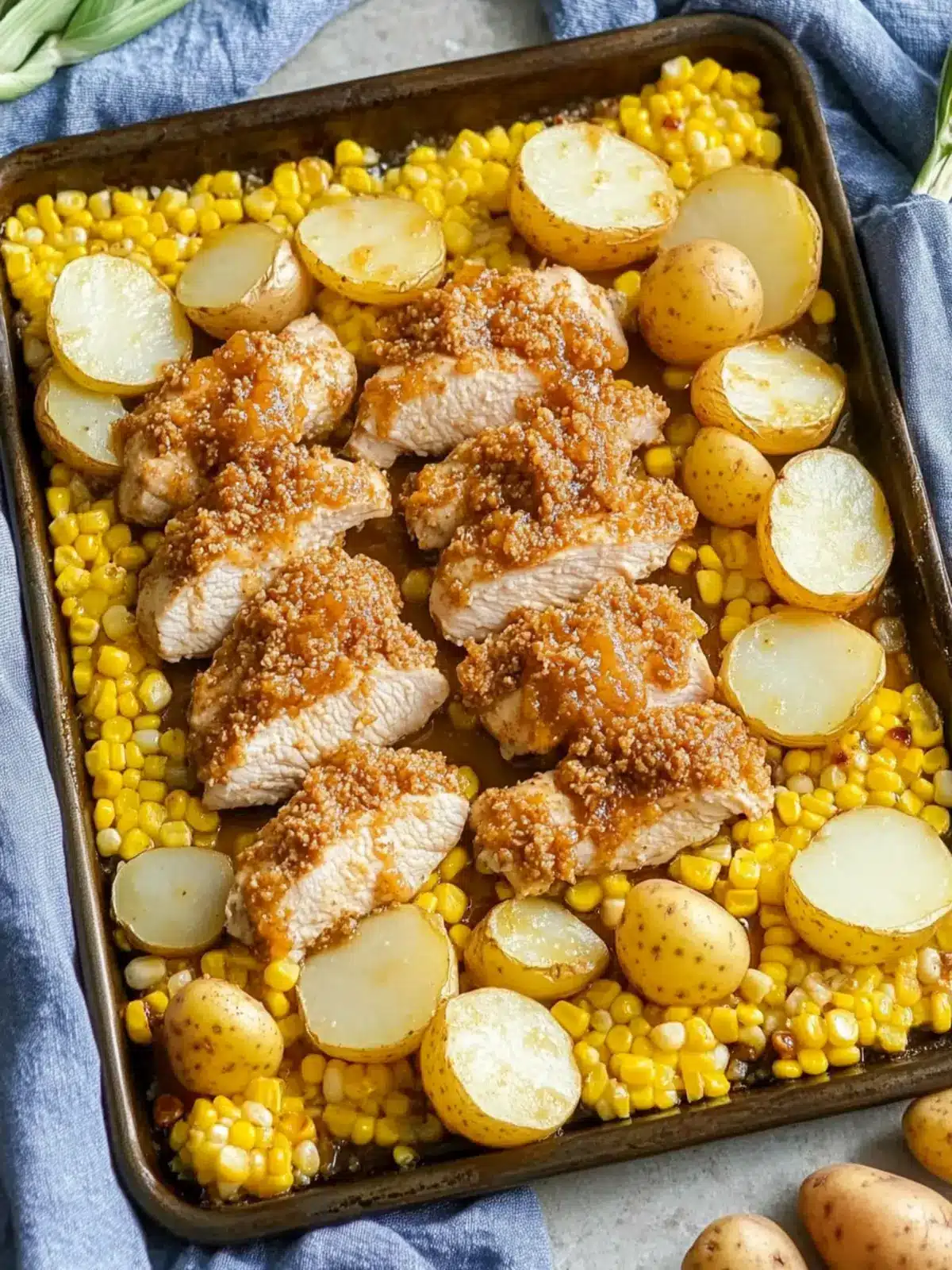 Delicious Honey Mustard Chicken Sheet Pan Dinner with Potatoes and Corn 4 Honey Mustard Chicken Sheet Pan Dinner with Potatoes and Corn