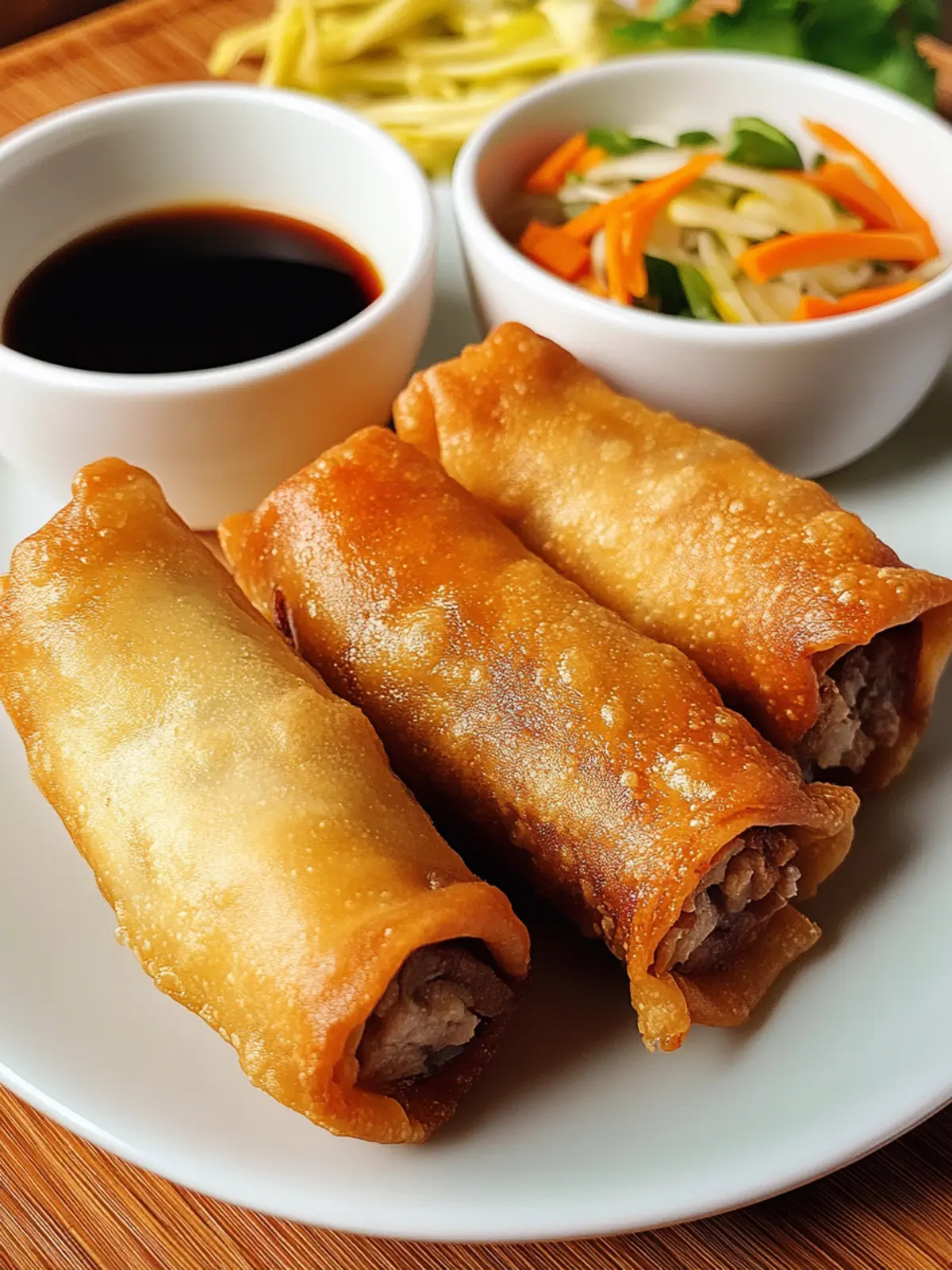 Perfectly Crispy Golden Fried Chinese Egg Rolls with Pork & Veggies 3 Golden Fried Chinese Egg Rolls with Pork and Vegetables
