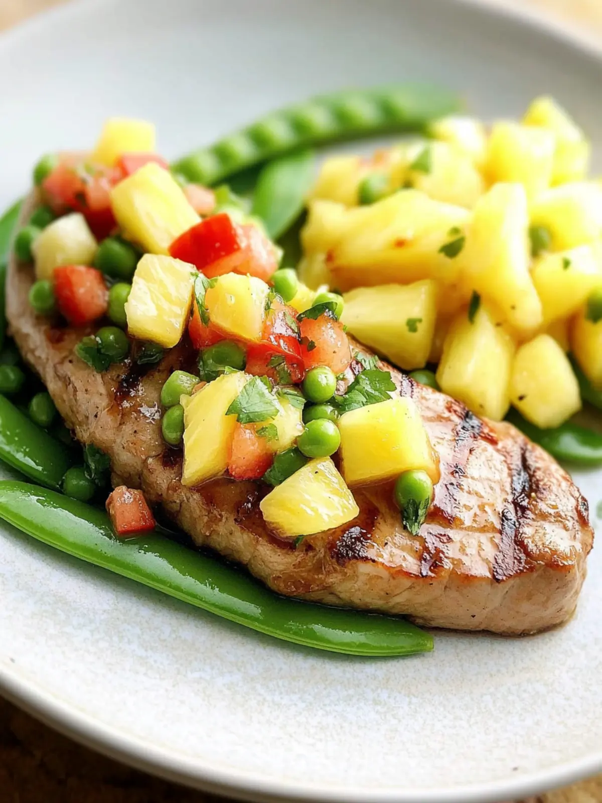 Pork Steak with Pineapple Salsa & Snow Pea Salad Bliss 3 Pork steak with pineapple salsa & snow pea salad